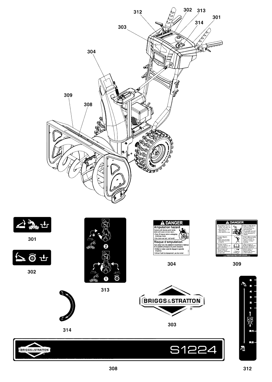 Decals Group Diagram and Parts List for S1224 (1697355-01)(2020) Briggs and Stratton Snow Blower